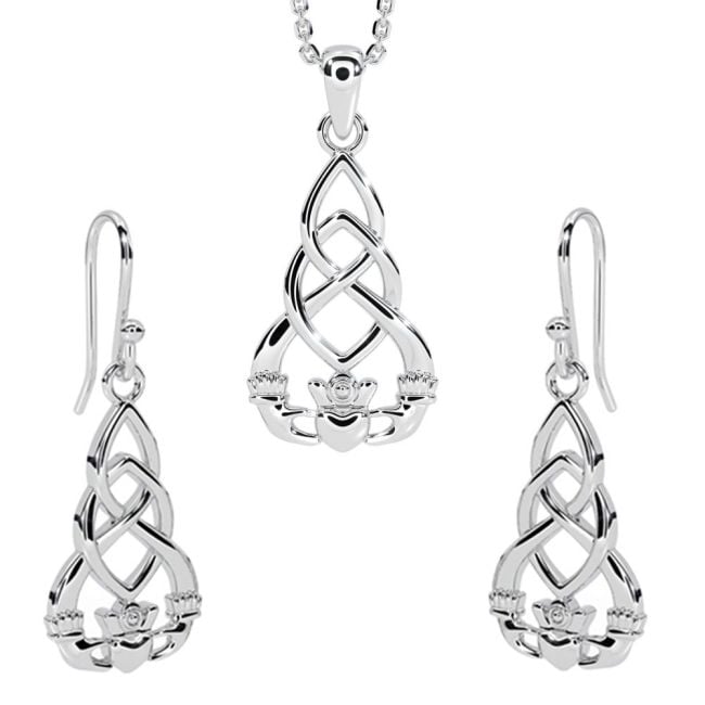 Silver Celtic Claddagh Pendant  Necklace + Dangle Earrings Set