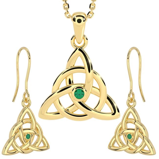 14K Gold Silver Genuine Emerald Irish Celtic Knot Dangle Earrings & Necklace Set