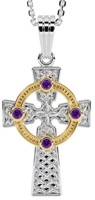 White & Yellow Gold Genuine Amethyst .12cts Celtic Cross Pendant Necklace