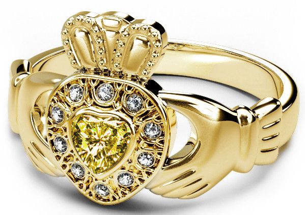 10K/14K/18K Gold Genuine Diamond .13cts Genuine Yellow Sapphire .25cts Claddagh Engagement Ring