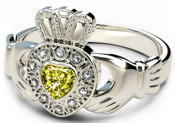 10K/14K/18K White Gold Genuine Diamond .13cts Genuine Yellow Sapphire .25cts Claddagh Engagement Ring