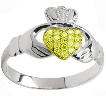 10K/14K/18K White Gold Genuine Yellow Sapphire .07cts Claddagh Ring 