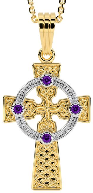 Yellow & White Gold Genuine Amethyst .12cts Celtic Cross Pendant Necklace