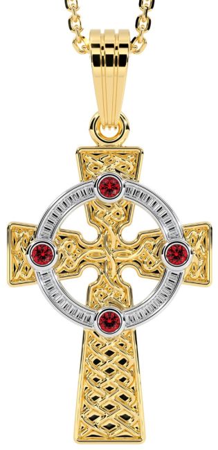 Yellow & White Gold Genuine Ruby .12cts Celtic Cross Pendant Necklace