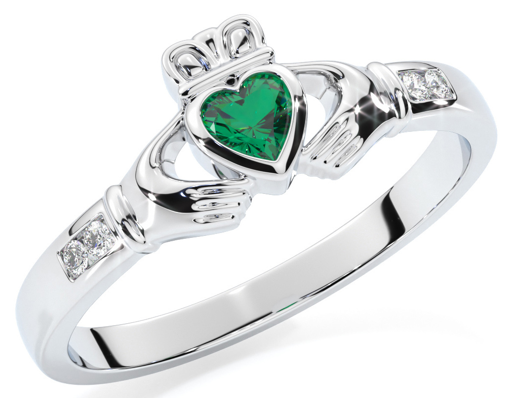 Ladies Emerald Diamond White Gold Claddagh Ring - May Birthstone