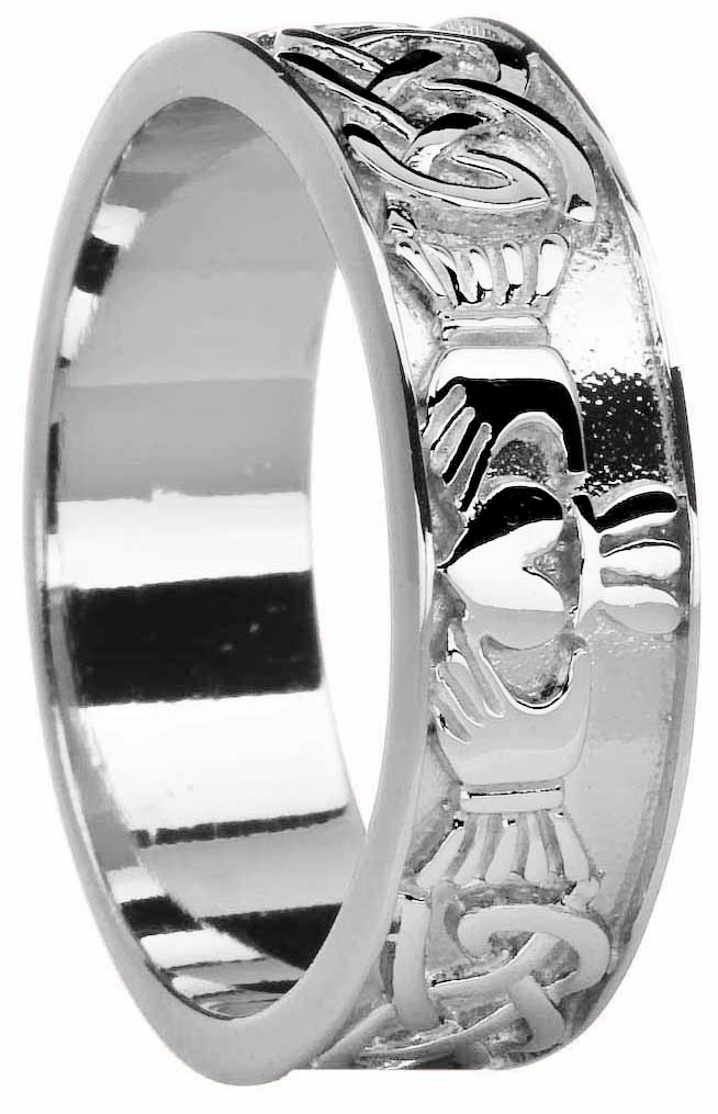Mens 14K White Gold Silver Celtic Claddagh Band Ring