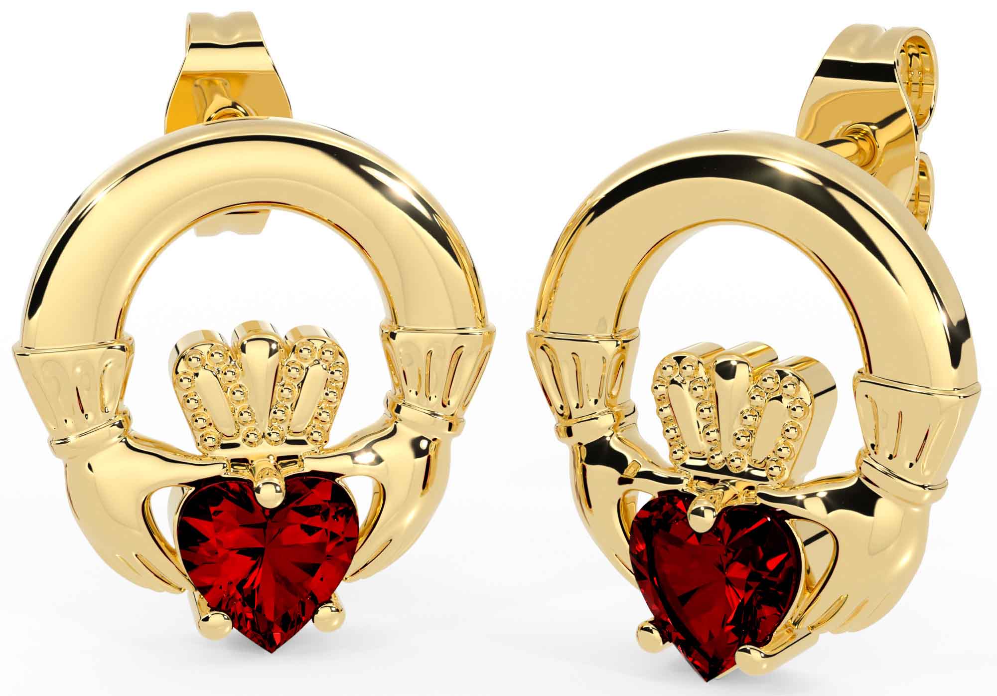 Gold Garnet Claddagh Stud Earrings