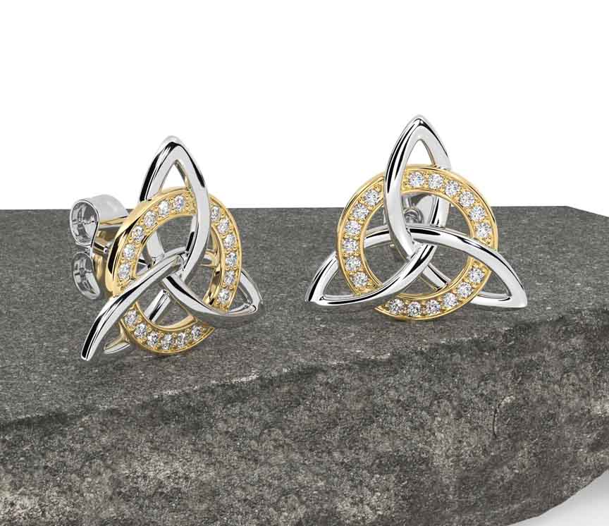 Diamond White Yellow Gold Celtic Trinity Knot Stud Earrings