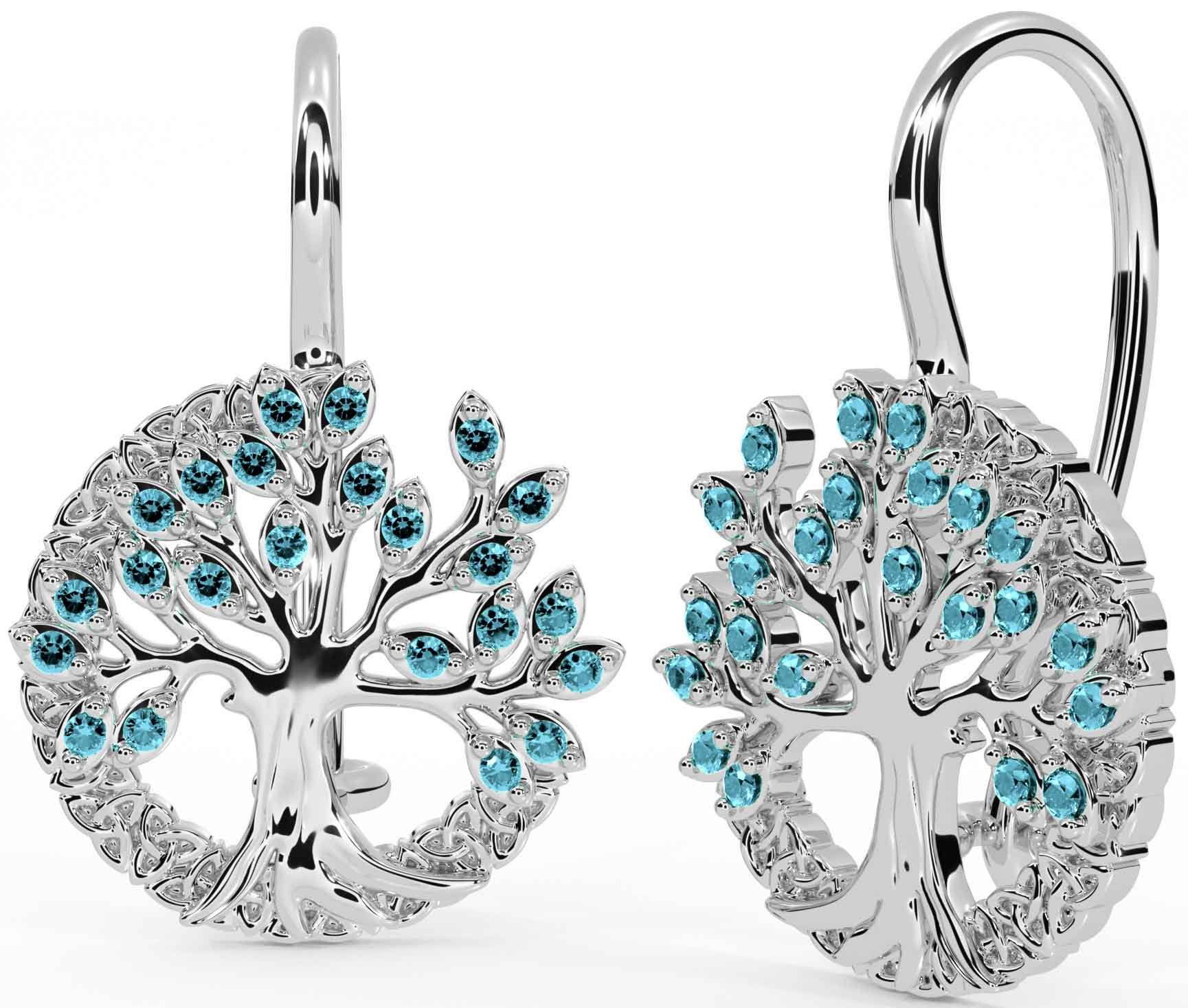Aquamarine Silver Celtic Tree of Life Trinity Knot Dangle Earrings