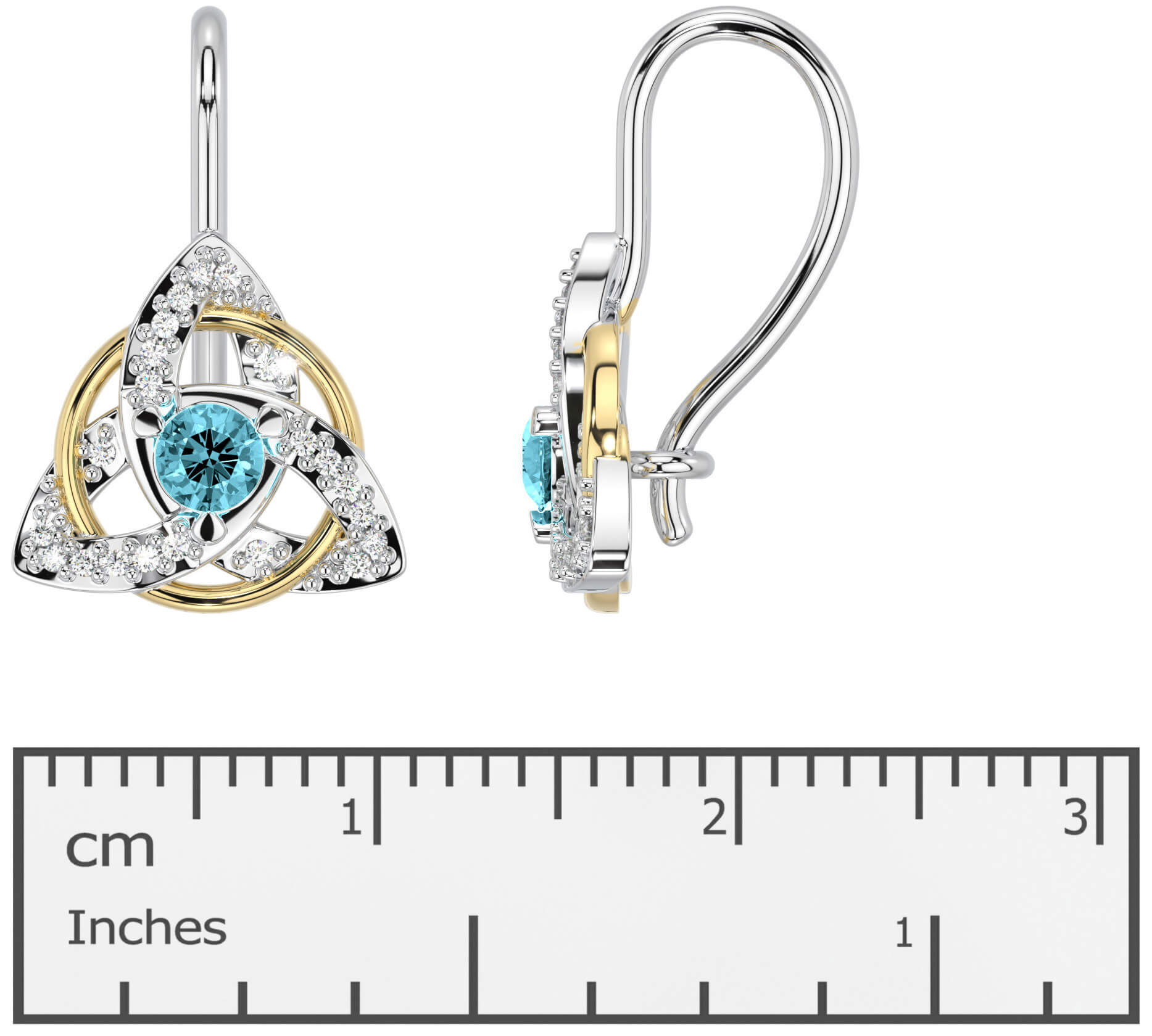 Diamond Aquamarine White Yellow Gold Celtic Trinity Knot Stud Earrings