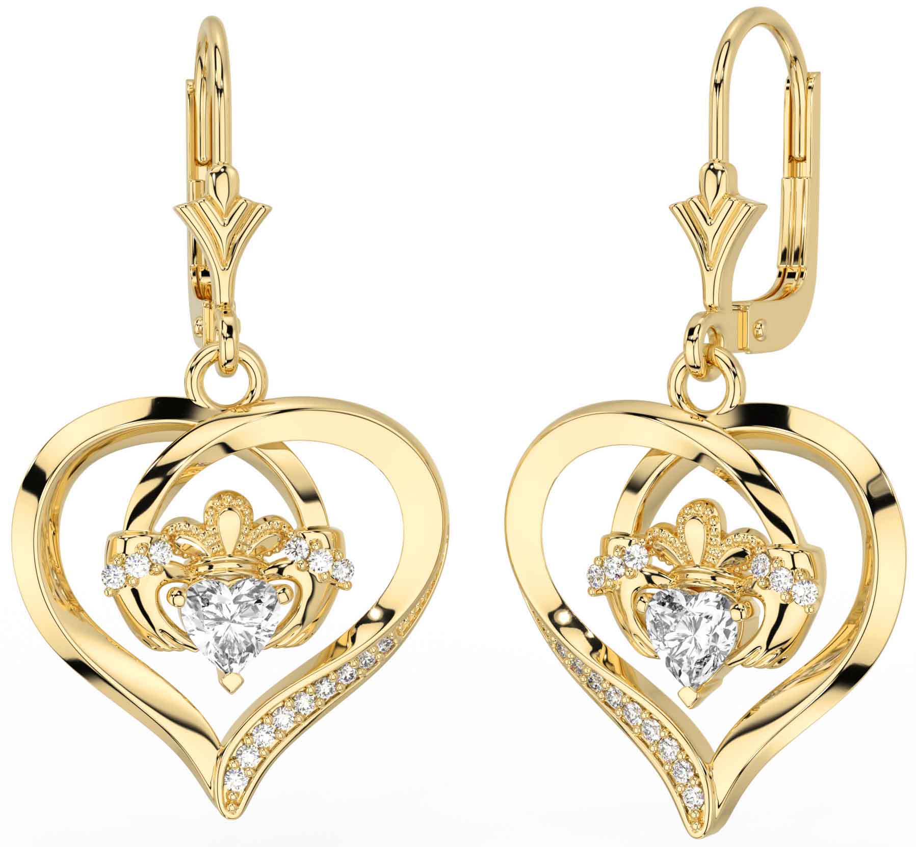 Diamond Gold Claddagh Heart Dangle Earrings