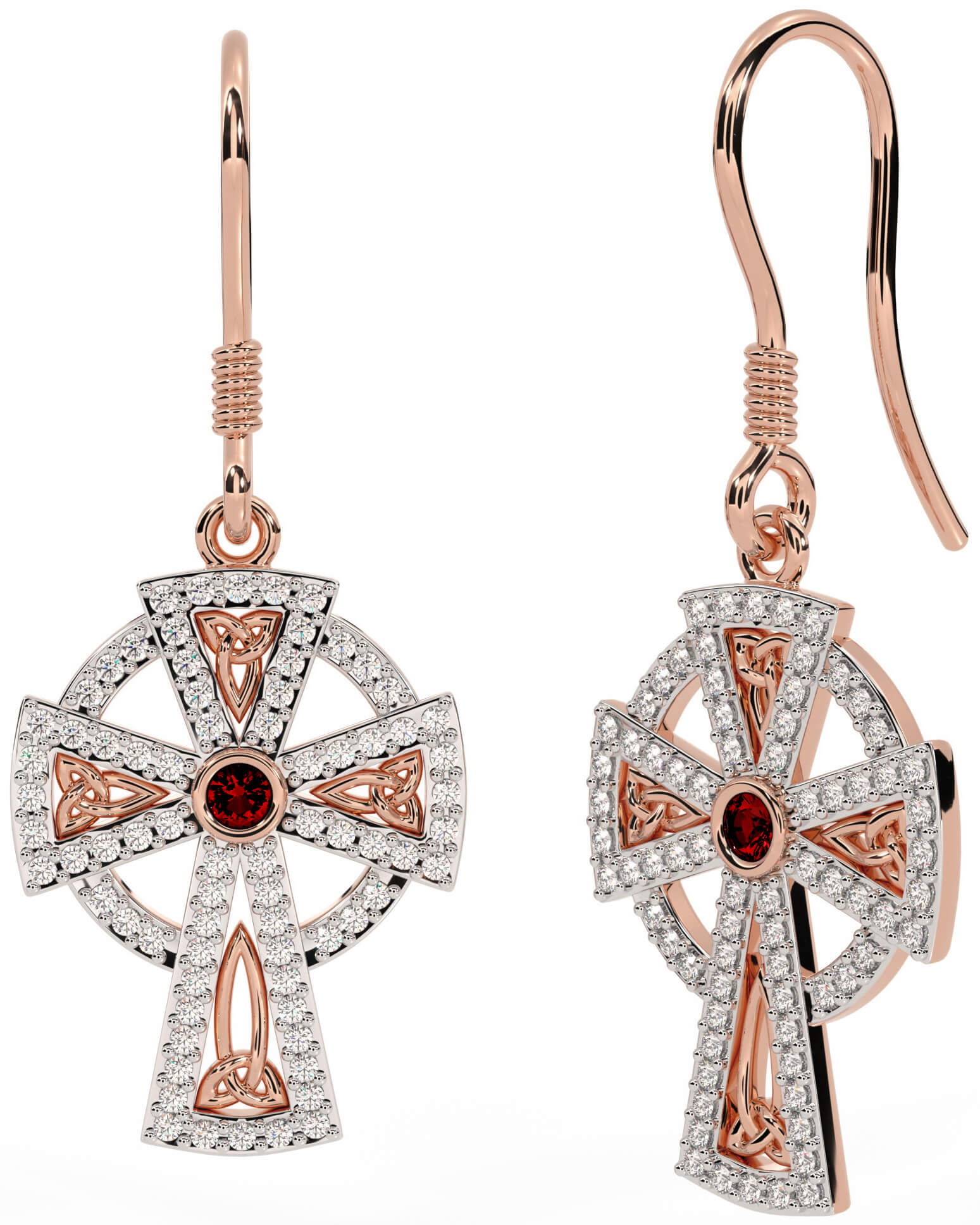 Diamond Garnet Rose Gold Silver Celtic Cross Dangle Earrings