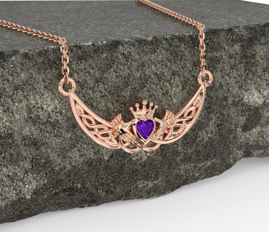 Amethyst Rose Gold Celtic Claddagh Necklace