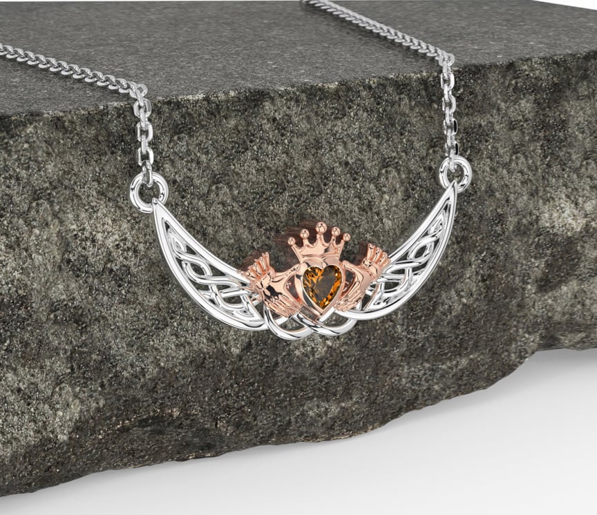 Citrine White Rose Gold Celtic Claddagh Necklace