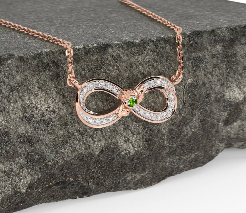 Diamond Peridot Rose Gold Silver Infinity Claddagh Necklace