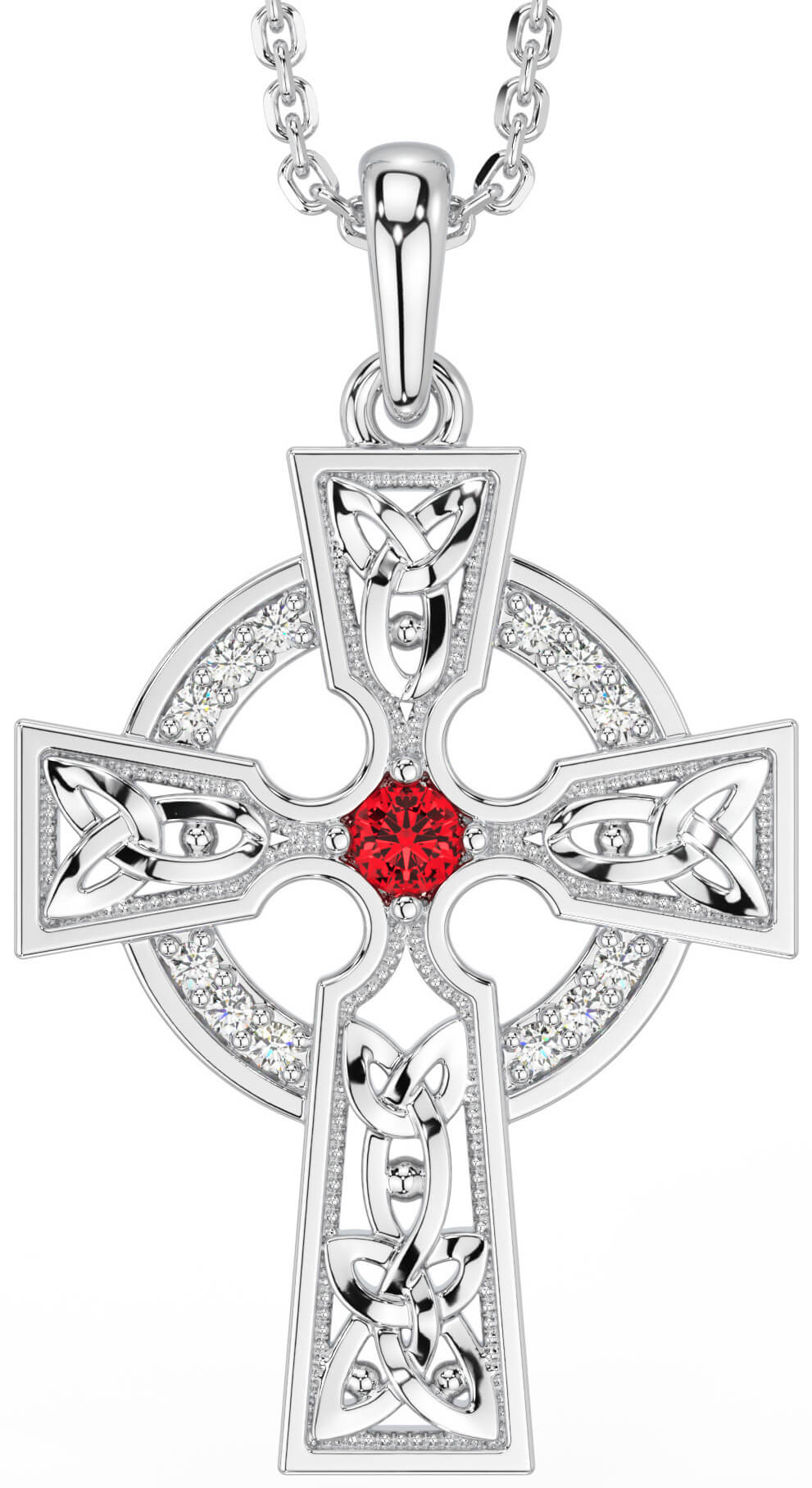 White Gold Diamond Ruby Celtic Cross Necklace
