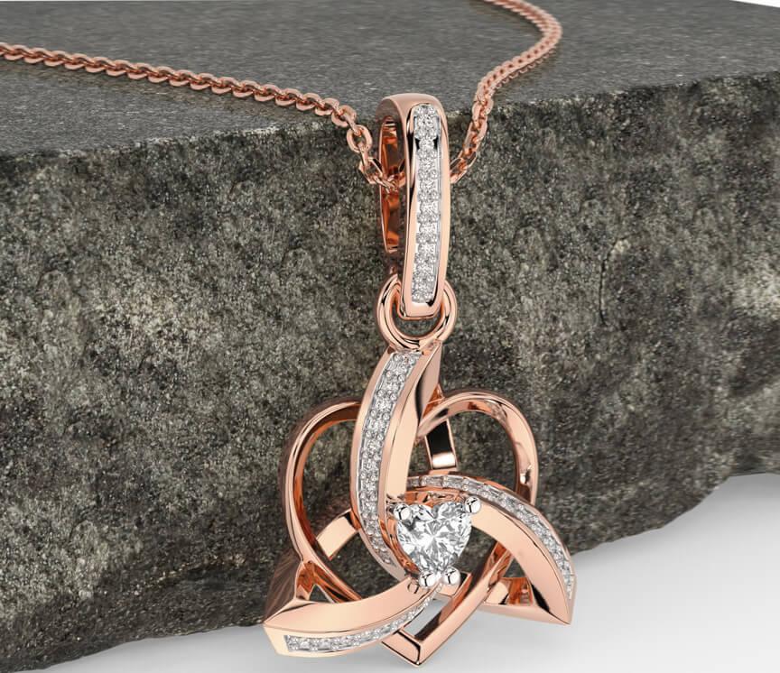 Diamond Rose Gold Silver Celtic Trinity Heart Knot Necklace