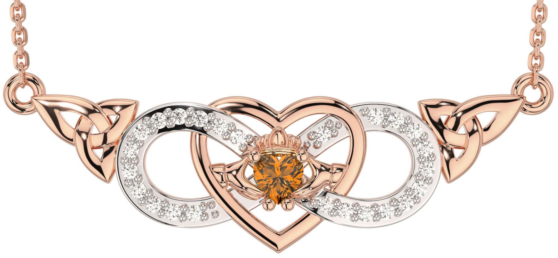 Diamond Citrine Rose Gold Celtic Trinity Knot Infinity Heart