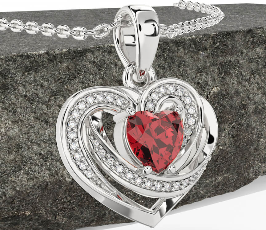 Silver Diamond Ruby Celtic Heart Necklace