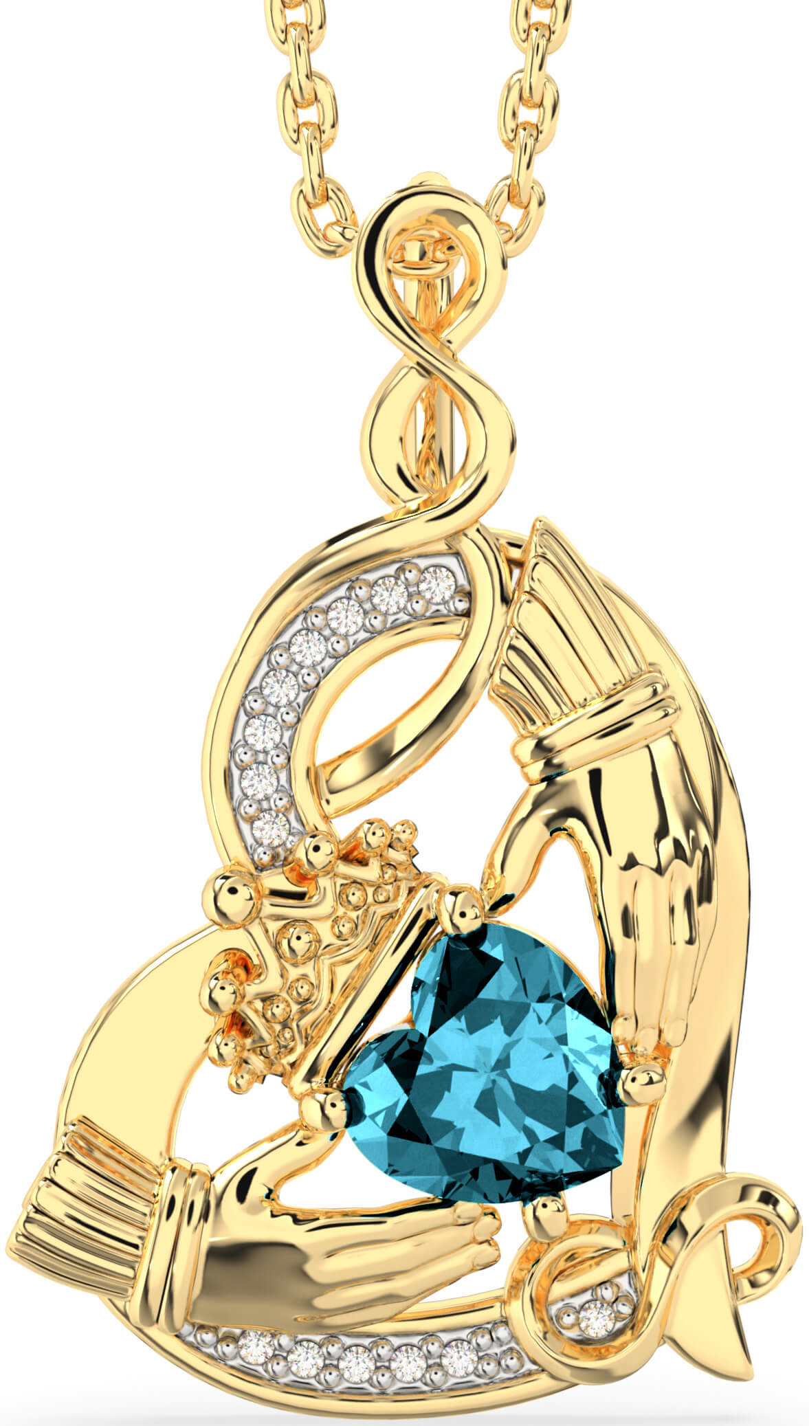 Gold Coated Silver Diamond Aquamarine Claddagh Infinity Heart Necklace