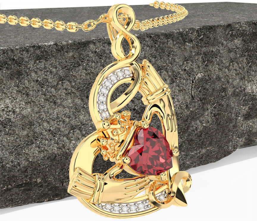 Diamond Ruby Gold Sterling Silver Irish Claddagh Infinity Heart Necklace Engravable Irish Made