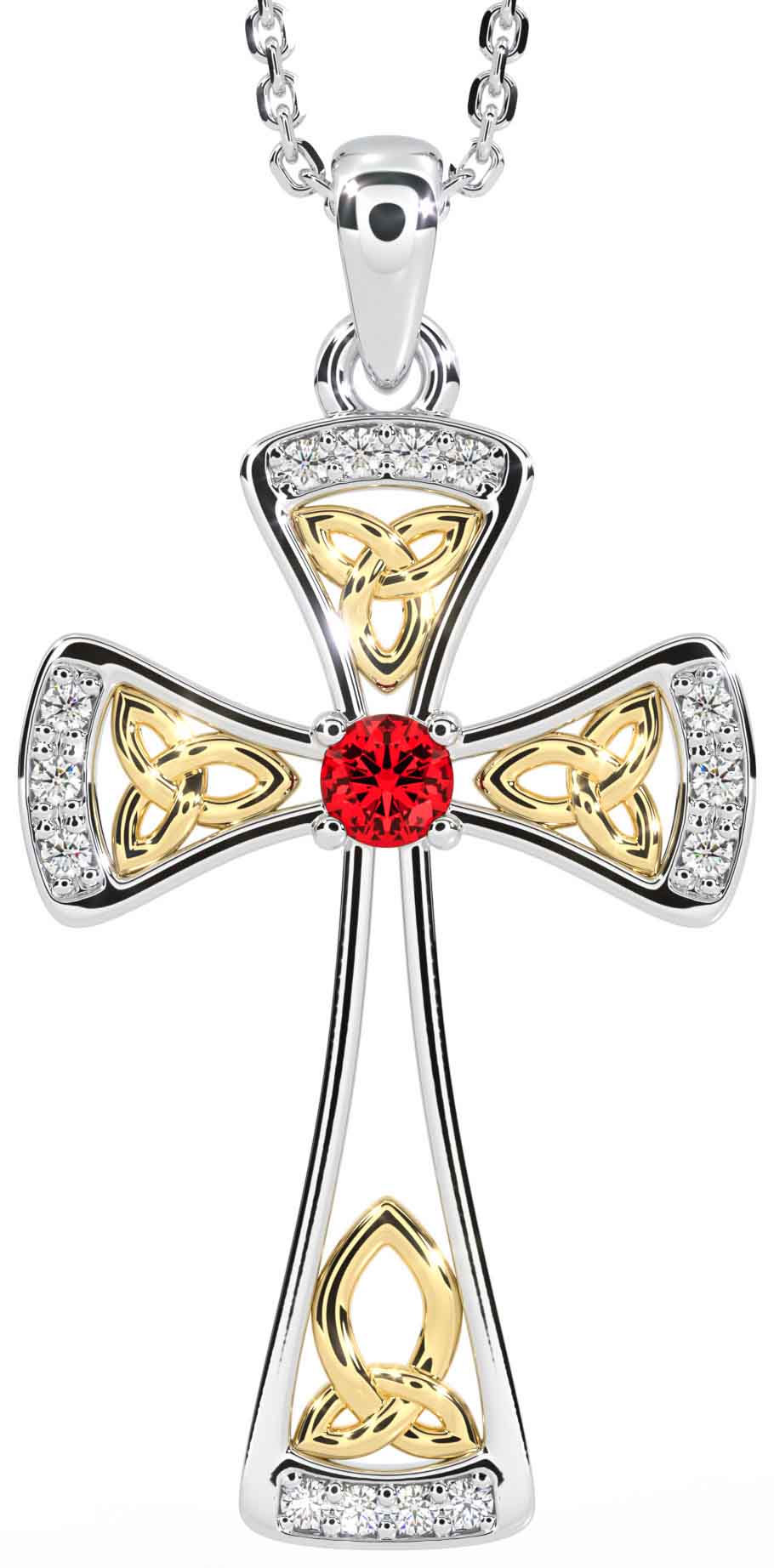 Gold Coated Silver Diamond Ruby Celtic Cross Necklace