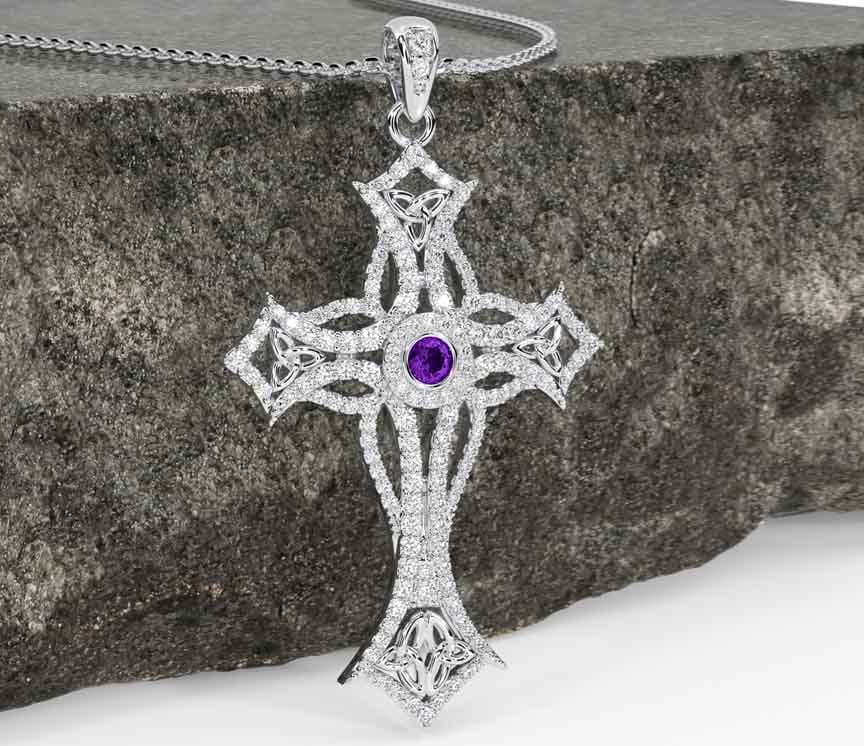 Large Diamond Amethyst Silver Celtic Cross Trinity Knot Necklace