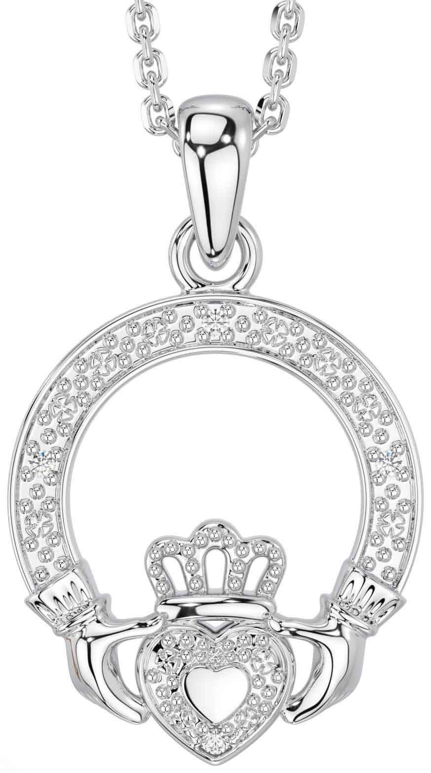 White Gold Diamond Claddagh Necklace