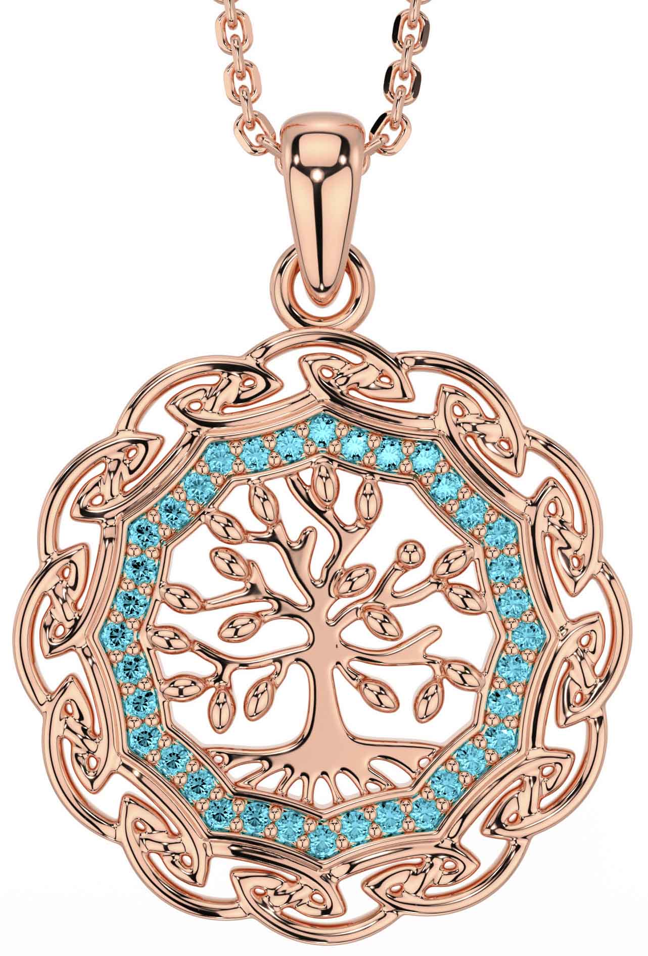 Aquamarine Rose Gold Silver Celtic Tree of Life Necklace