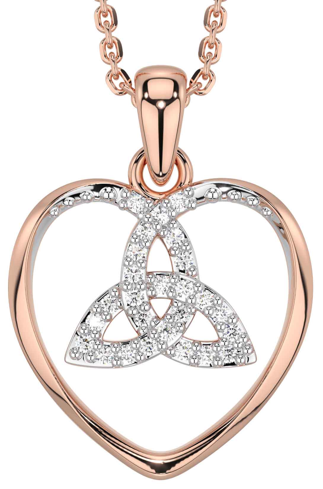 Diamond Rose Gold Silver Celtic Trinity Knot Heart Necklace