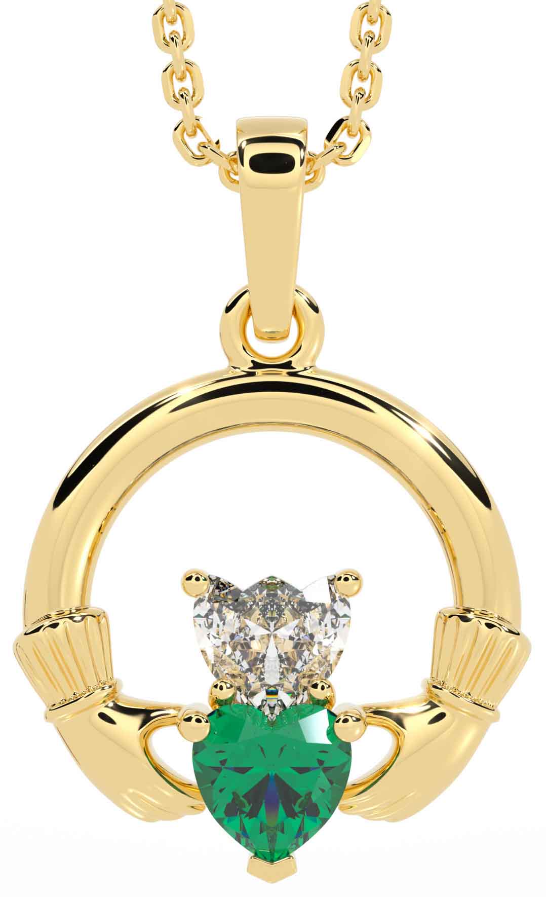 Gold Diamond Emerald Claddagh Necklace