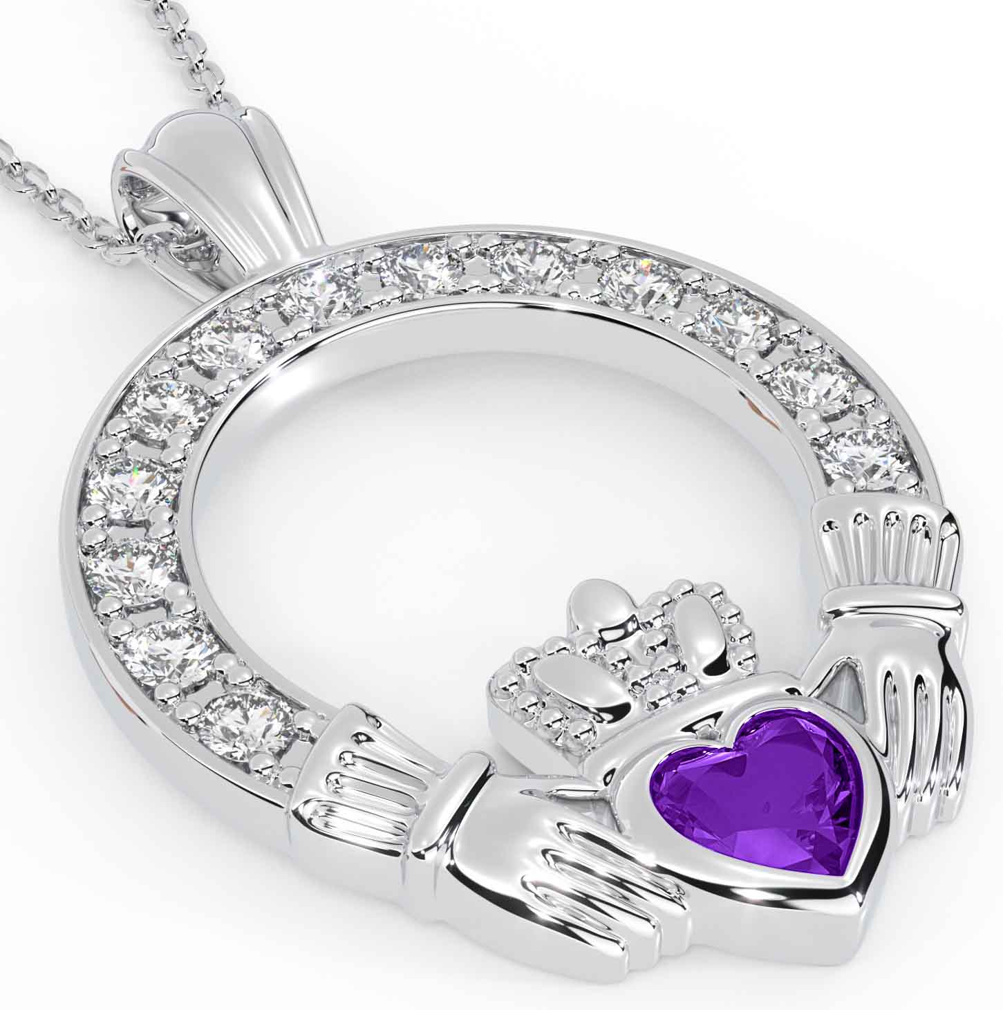 Silver Diamond Amethyst Claddagh Necklace
