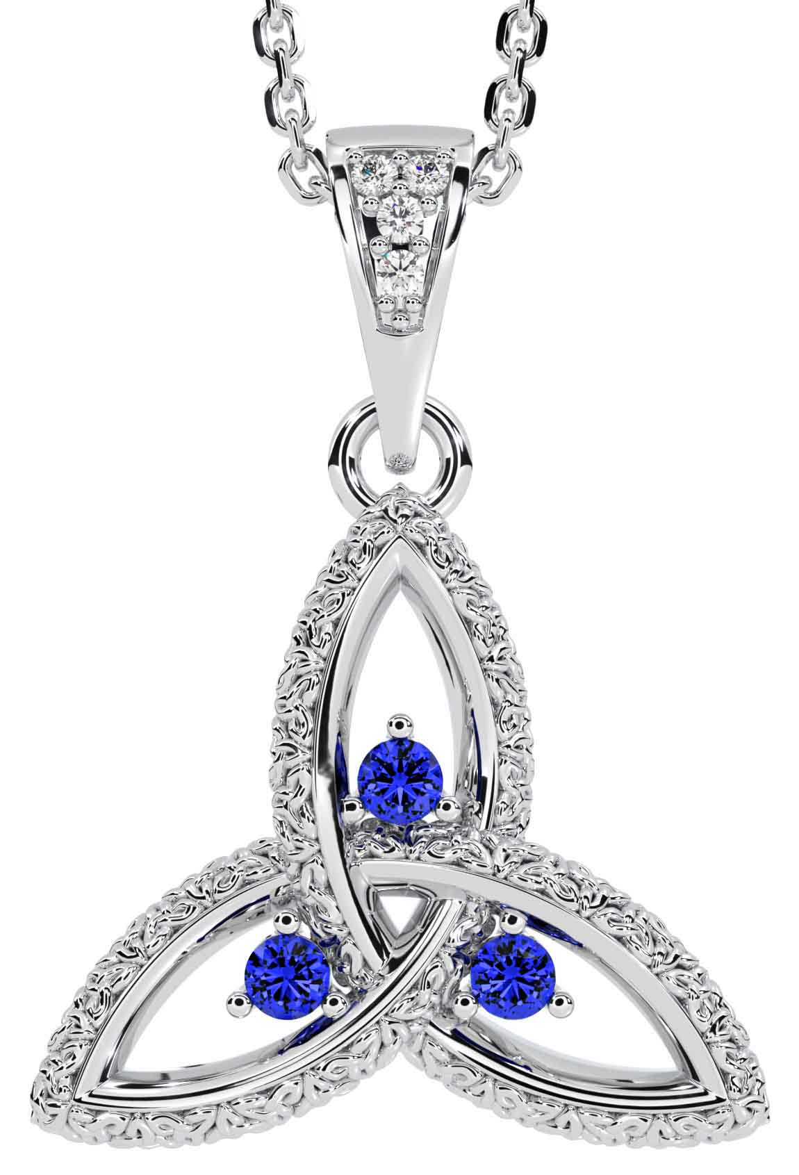 Diamond Sapphire White Gold Celtic Trinity Knot Necklace