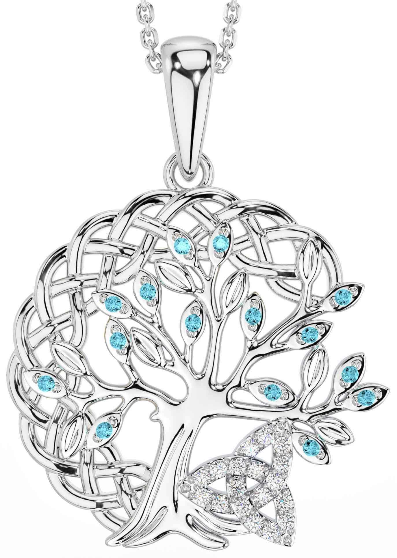 Diamond Aquamarine White Gold Celtic Trinity Knot Tree of Life