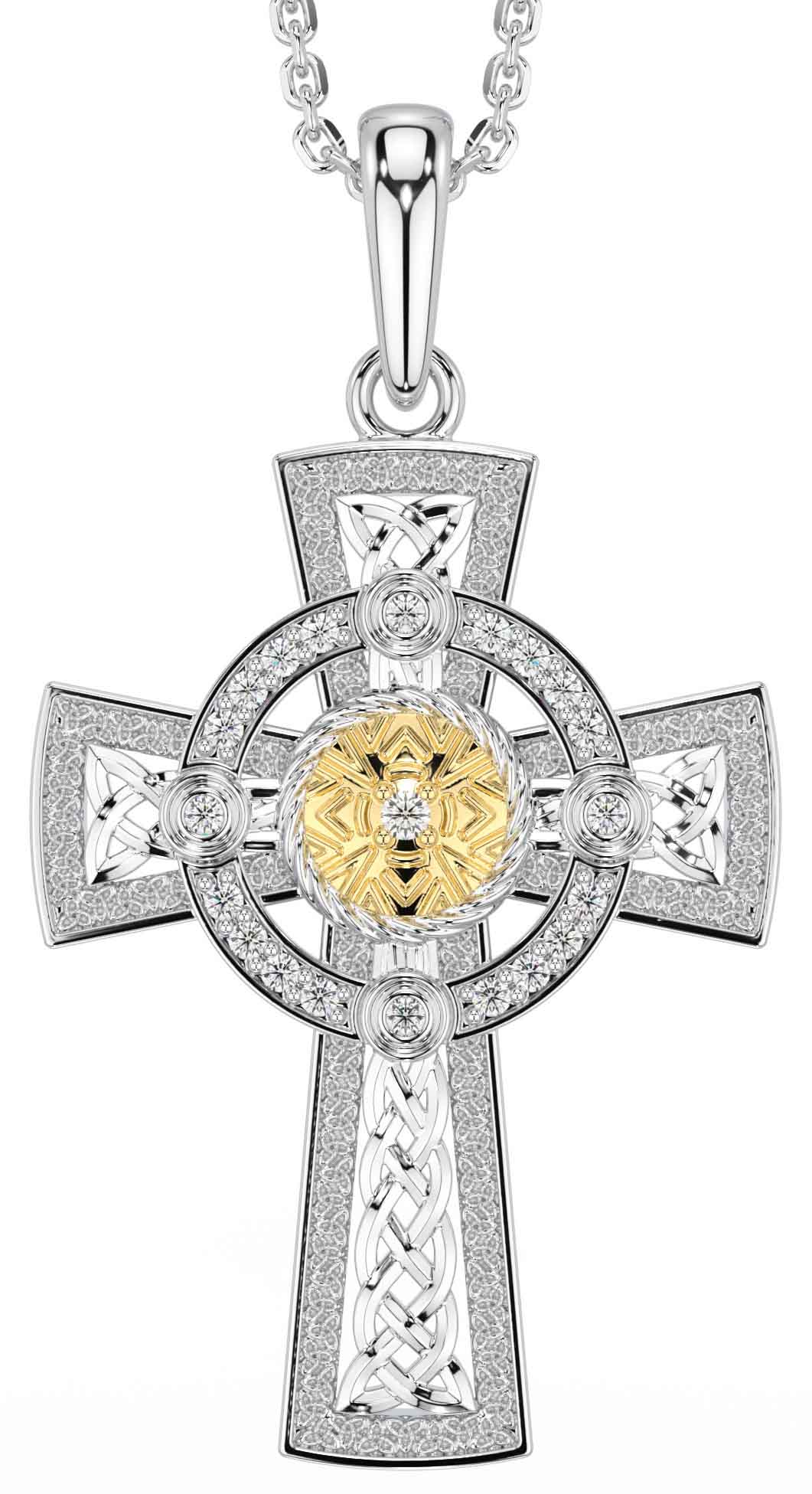 Diamond White Yellow Gold Celtic Warrior Cross Necklace