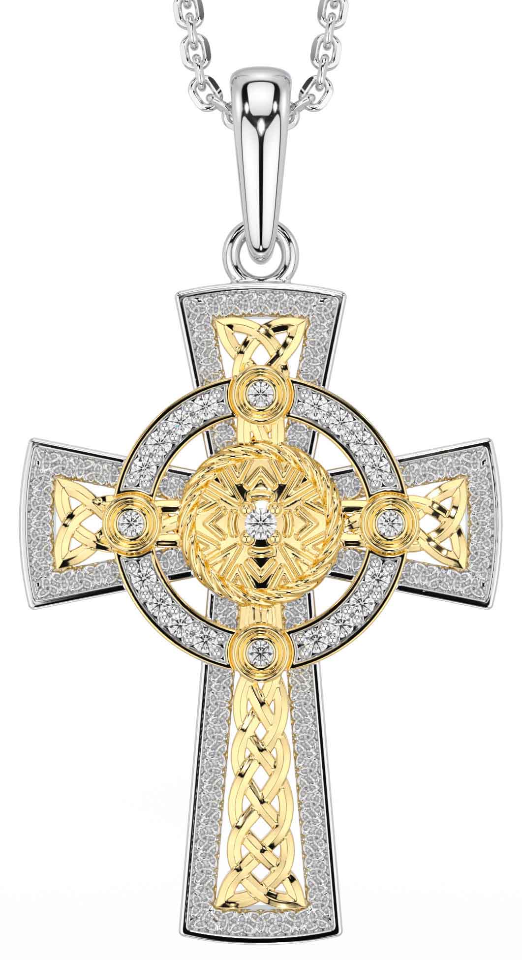 ケルティック・クロスロード Diamond White Yellow Gold Celtic Warrior Cross Necklace