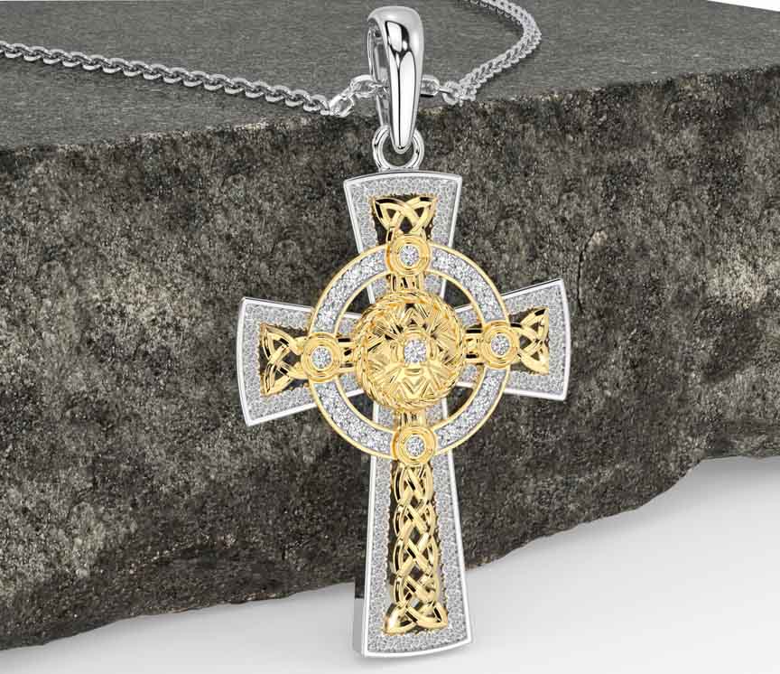 Diamond White Yellow Gold Celtic Warrior Cross Necklace