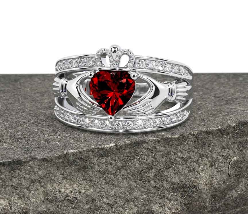 Diamond Garnet Silver Claddagh Ring