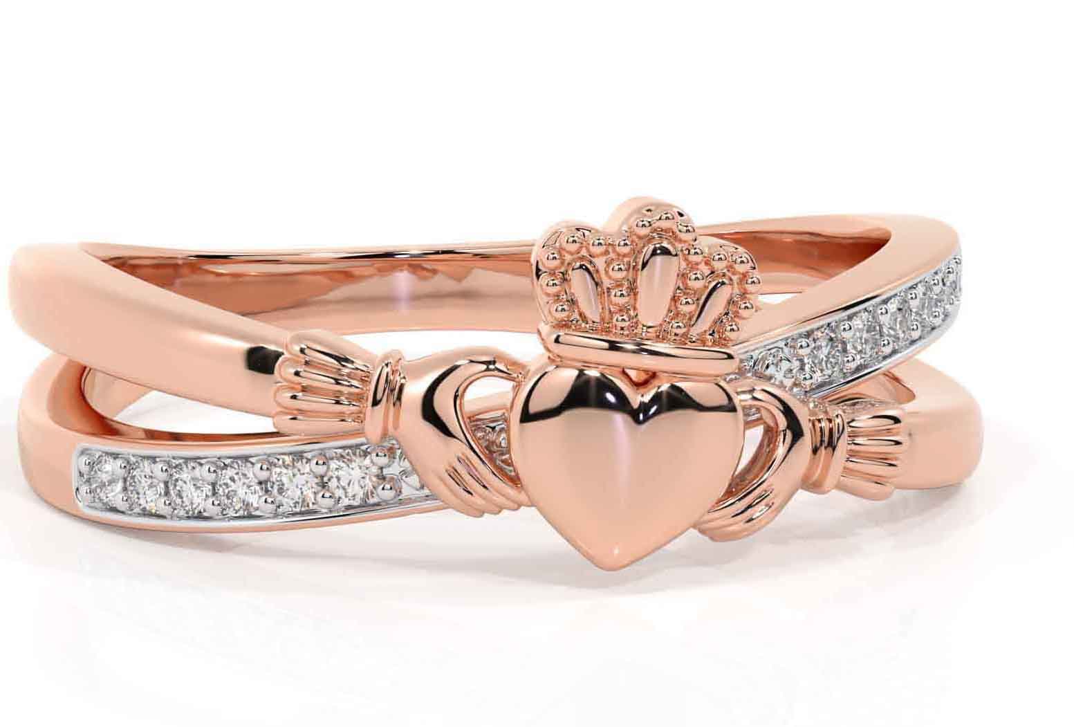 Diamond Rose Gold Silver Claddagh Ring