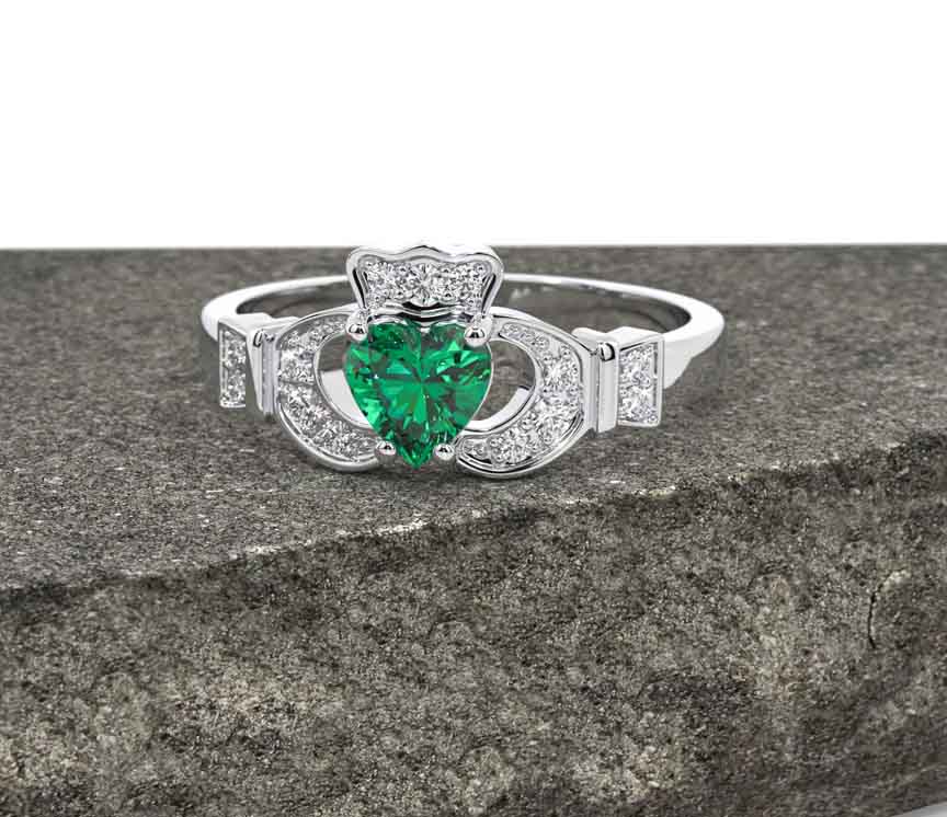 Silver Diamond Emerald Claddagh Ring