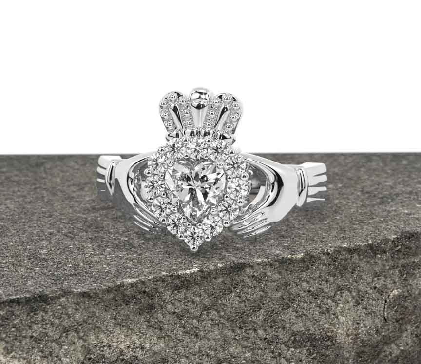 10k White Gold Open Heart Claddagh Promise Ring With CZ Solitaire - Friendship & Engagement Ring