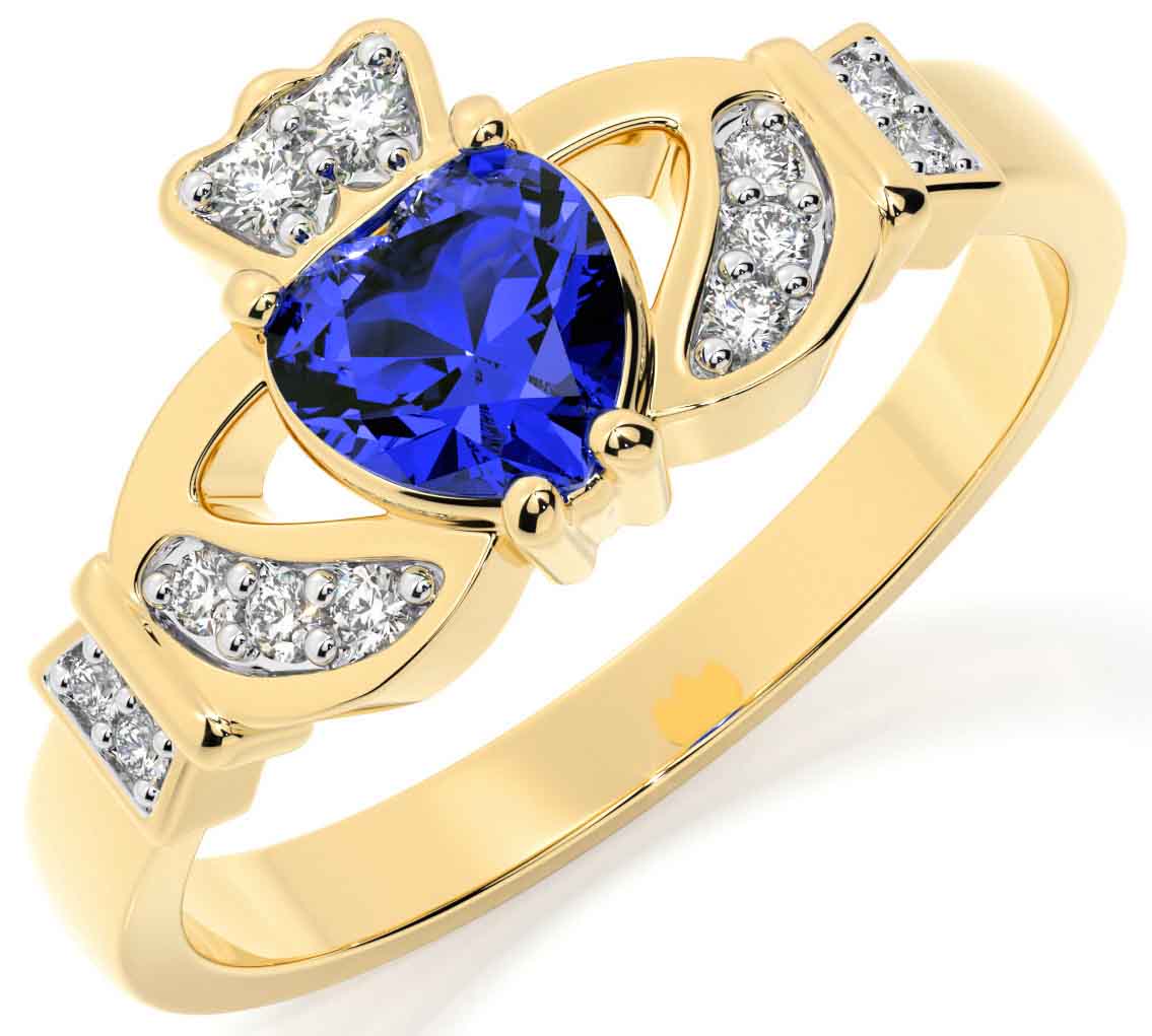 Claddagh Lab-Created Sapphire Ring in Solid 14K Yellow Gold 6