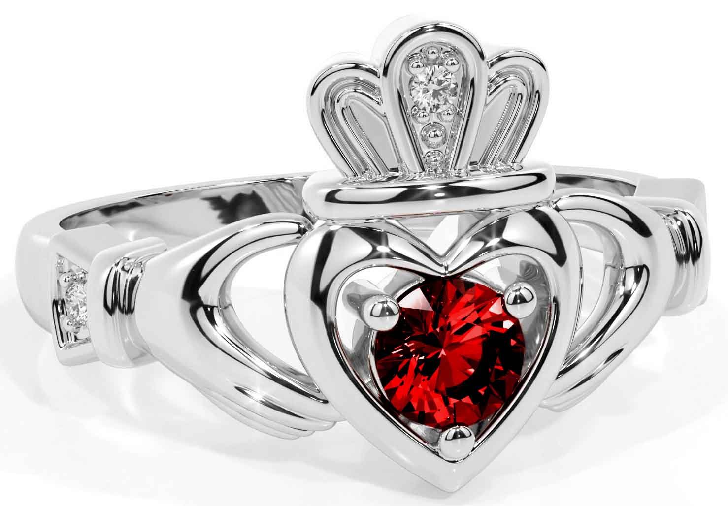 White Gold Diamond Garnet Claddagh Ring