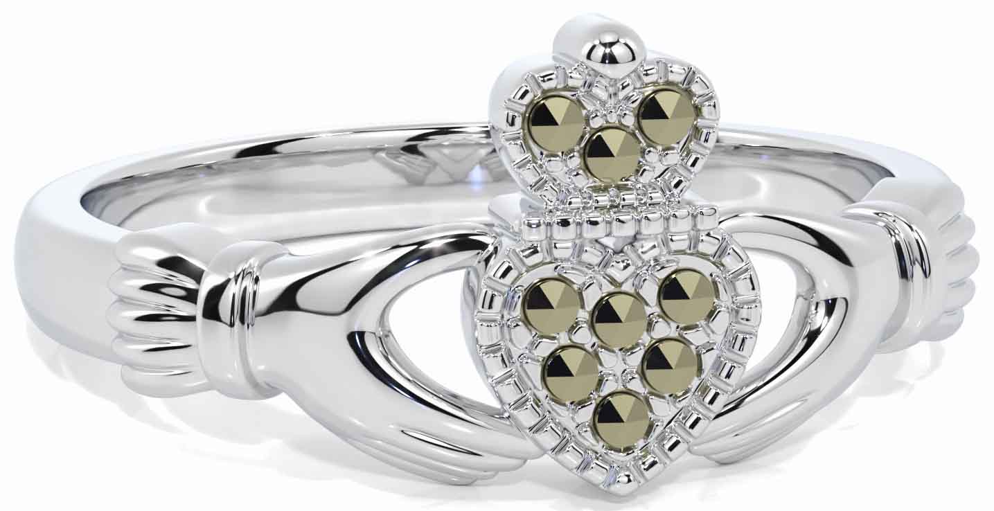 Marcasite White Gold Irish Claddagh Ring Engravable Irish Made