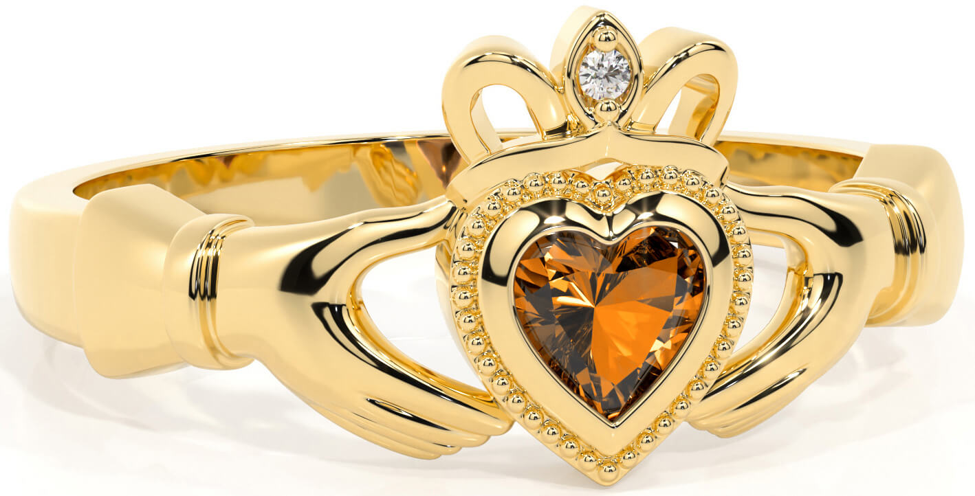 Diamond Citrine Gold Silver Claddagh Ring