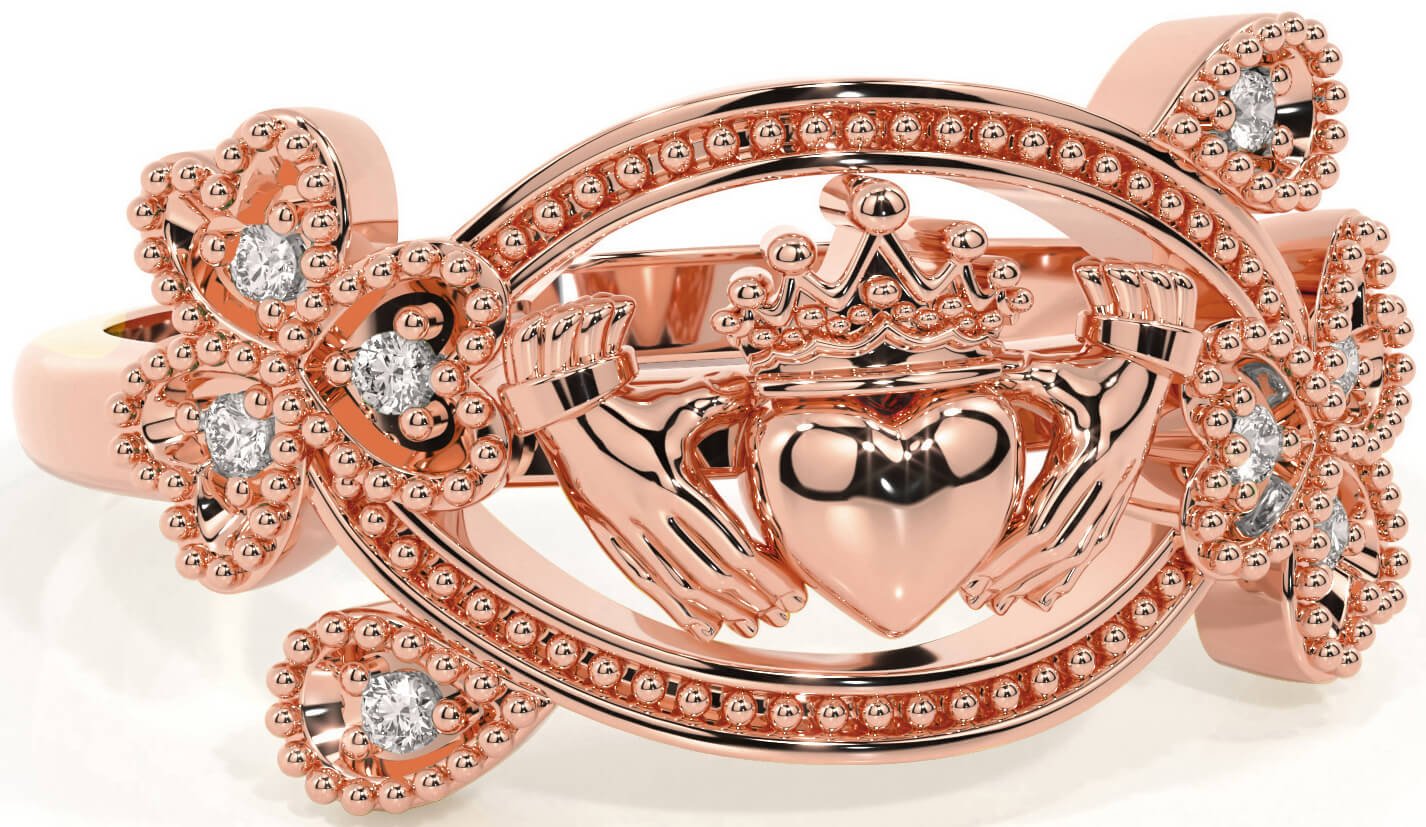 Diamond Rose Gold Claddagh Shamrock Ring