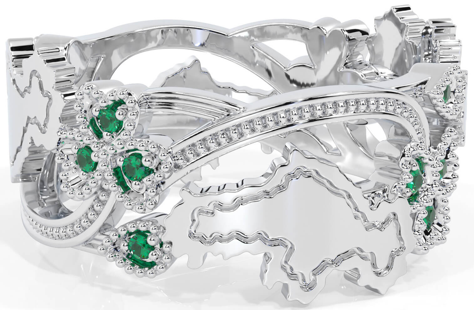 Emerald Silver Map of Ireland Shamrock Ring