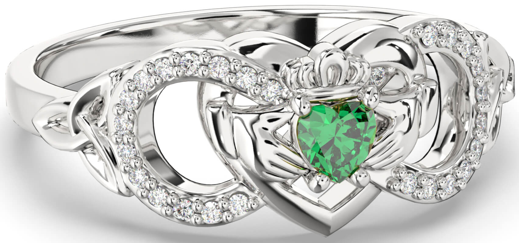 Diamond Emerald White Gold Infinity Claddagh Heart Celtic Trinity