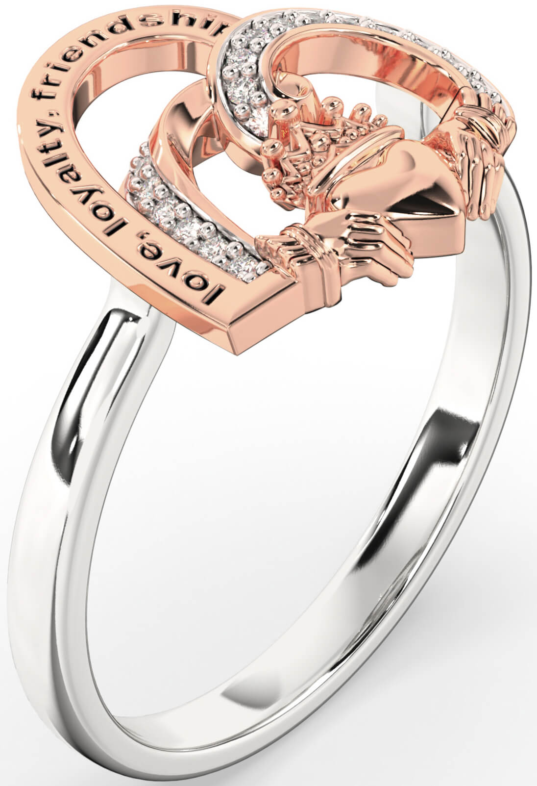 White Rose Gold Diamond Irish Love Loyalty Friendship Heart Claddagh Ring