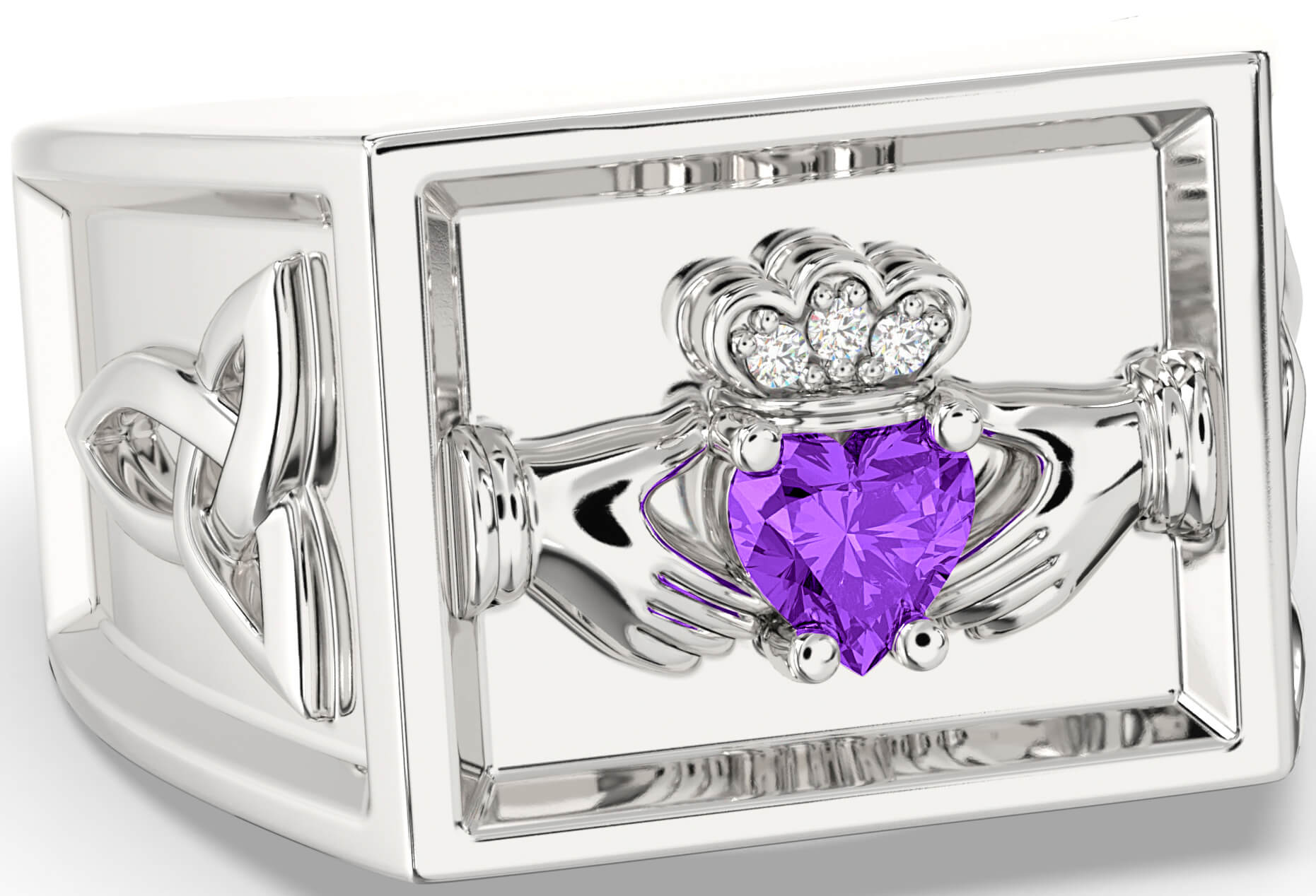 Diamond Amethyst White Gold Celtic Claddagh Trinity Knot Ring Mens